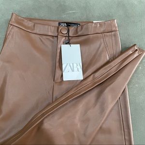Zara High Rise Faux Leather Leggings Brown Pants Jeans with Ankle Zippers